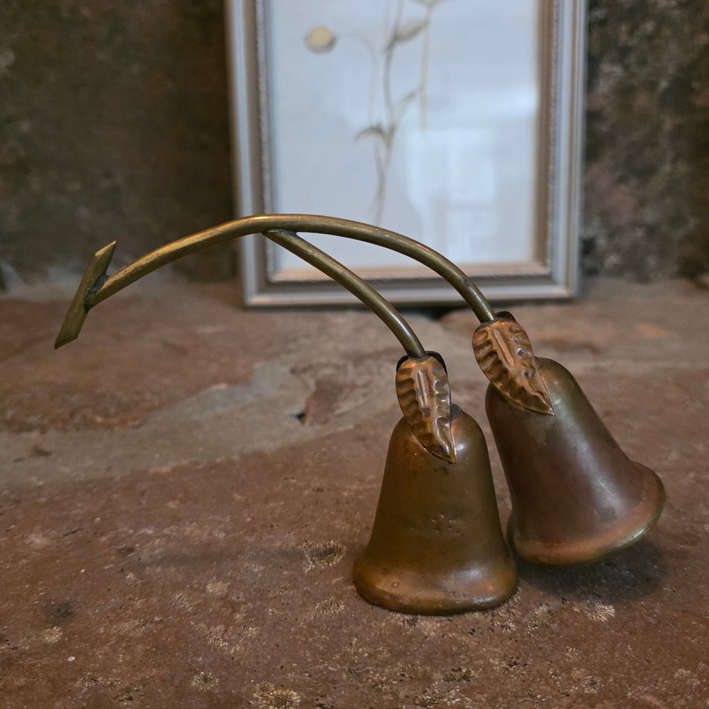 Vintage Brass Copper Double Bell Sculpture Leaf Detail Rustic Metal Decor 3.5"